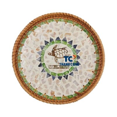 Wholesale Round Mother Of Pearl Rattan Tray Mauritius Design