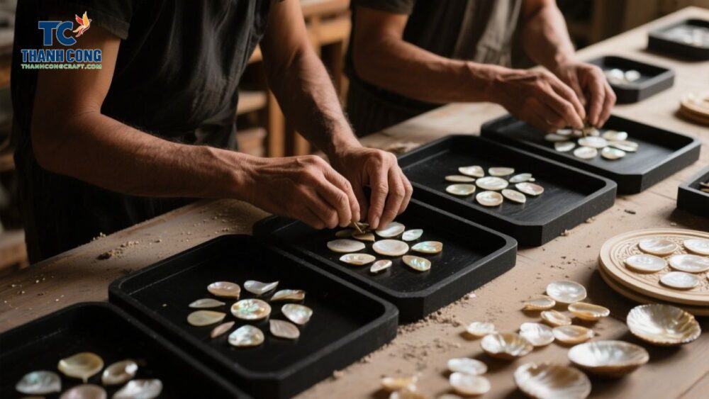 Artisan embedding shell pieces on tray and applying multiple lacquer tray