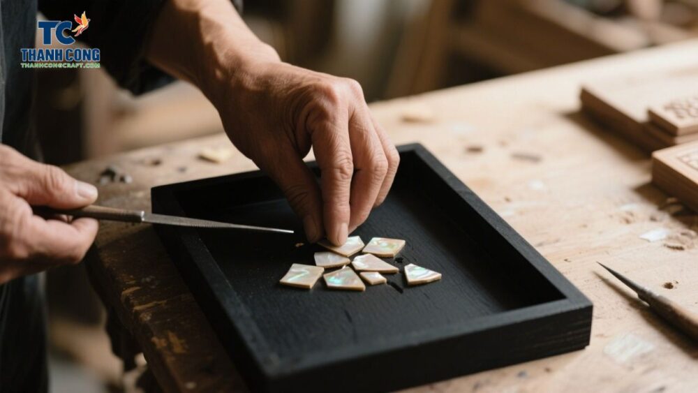Artisan repairing cracked or misaligned mother of pearl tray pattern