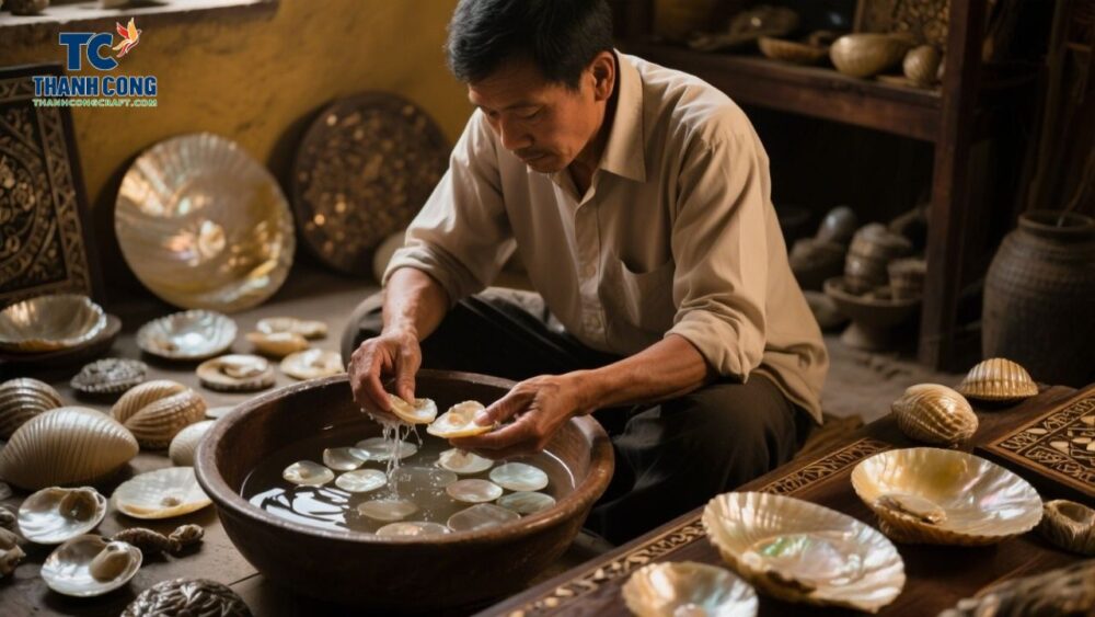 Artisan washing and selecting high-quality mother of pearl shells
