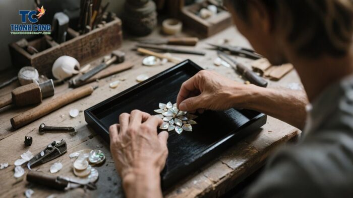 Skilled artisan handcrafting a mother of pearl tray with shell inlay in workshop
