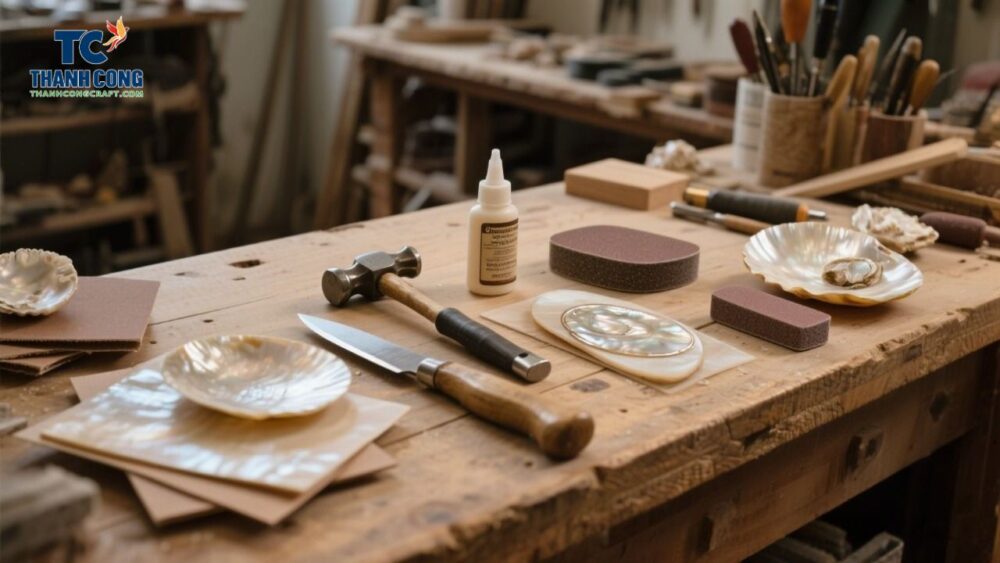 Traditional crafting tools including carving knives, hammers, adhesive, sandpaper, and mother of pearl shells