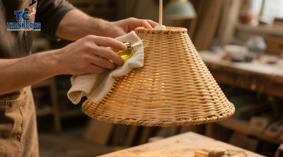 Applying natural oil to a handmade rattan lamp shade (1)