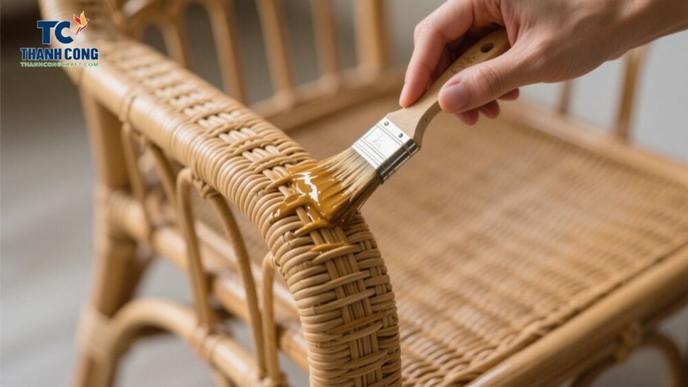 Applying protectApplying protective varnish to a rattan chair with a paintbrushive varnish to a rattan chair with a paintbrush