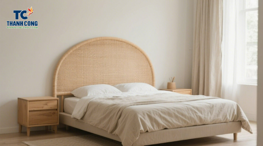 Arched DIY rattan headboard in Japandi-style minimalist bedroom