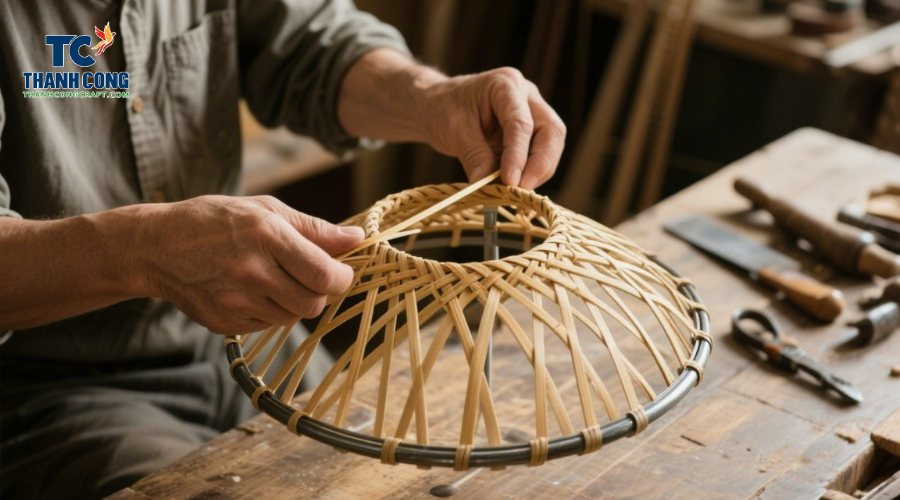 Artisan hand-weaving rattan on a metal lamp shade frame