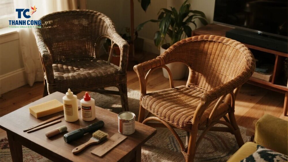 Before and after restoration of a rattan chair in a cozy living room