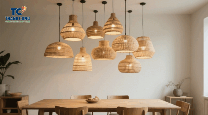 Ceiling-mounted cluster of handmade rattan lamp shades
