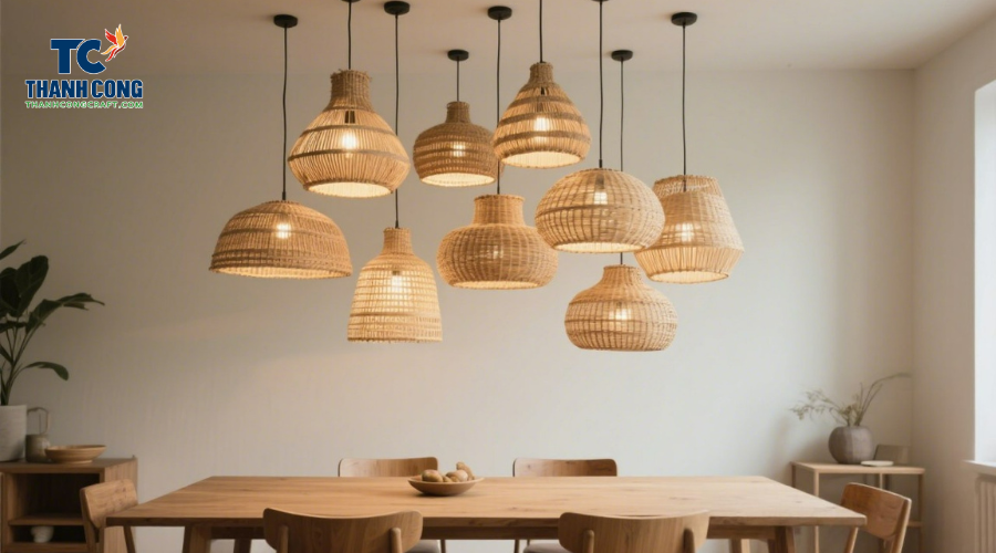 Ceiling-mounted cluster of handmade rattan lamp shades