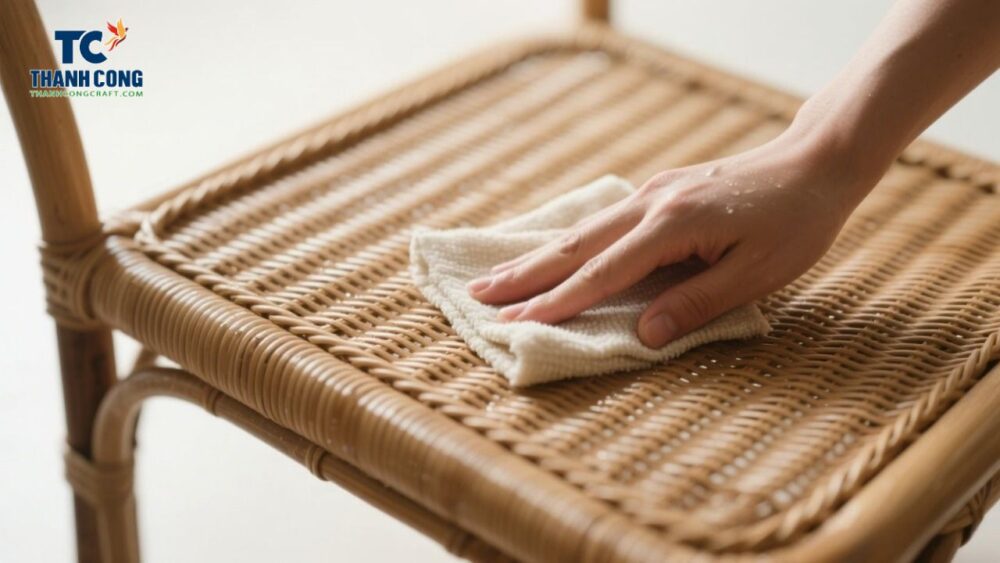 Cleaning a rattan chair surface with a cloth and diluted vinegar solution