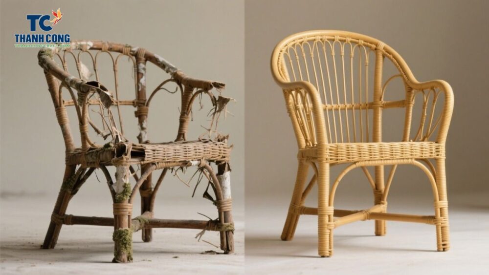Comparison between a completely damaged rattan chair and a new one