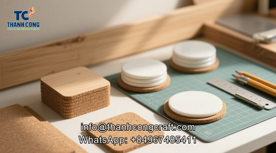 Custom coaster base materials including cork, wood, and ceramic displayed on a workspace