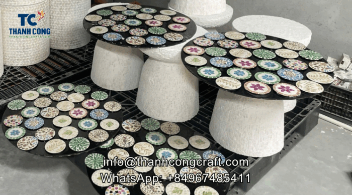 Custom coasters combining handwoven rattan and MOP center