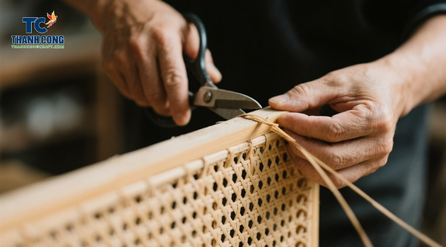 Cutting rattan headboard edges for clean finish (2)