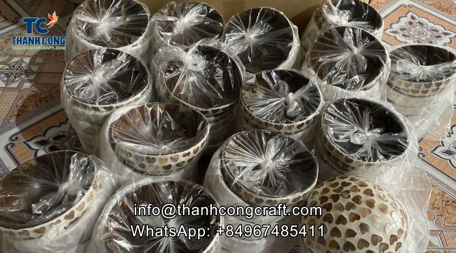 Hand painted coconut bowl with heart motif