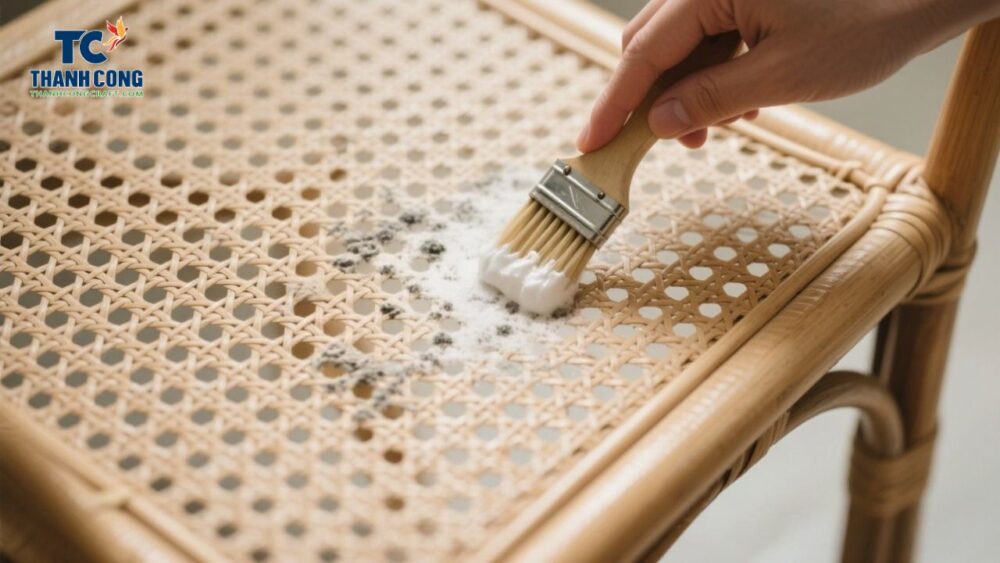 Removing mold from a rattan chair using baking soda and a soft brush