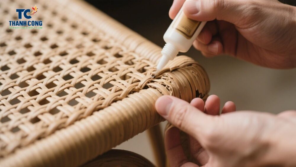 Repairing loose cane strands on a rattan chair using wood glue