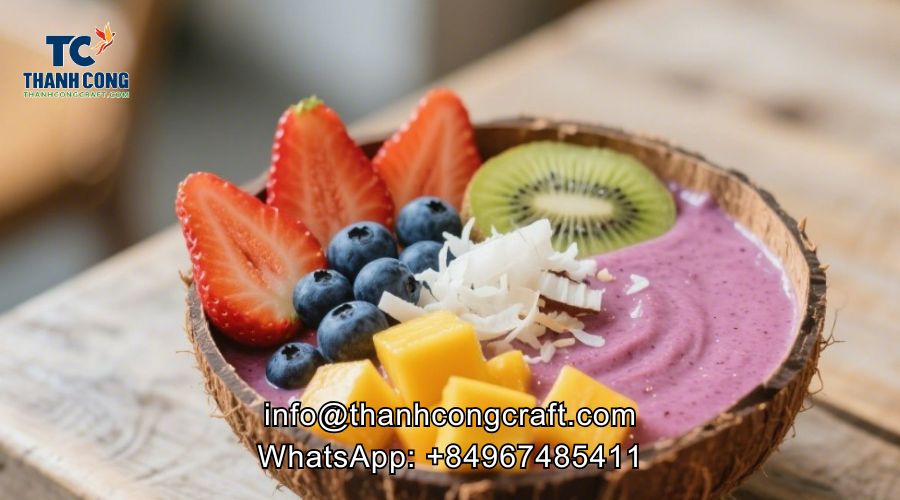 Smoothie bowl topped with mango, kiwi, and granola on rustic surface