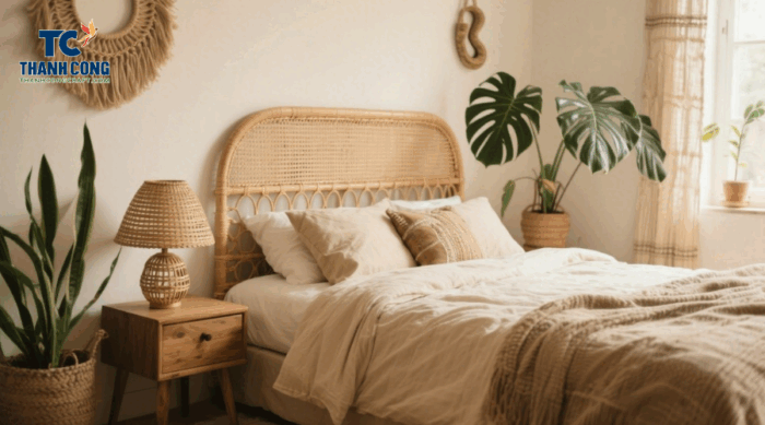 Styled bedroom with handmade rattan headboard and cozy décor