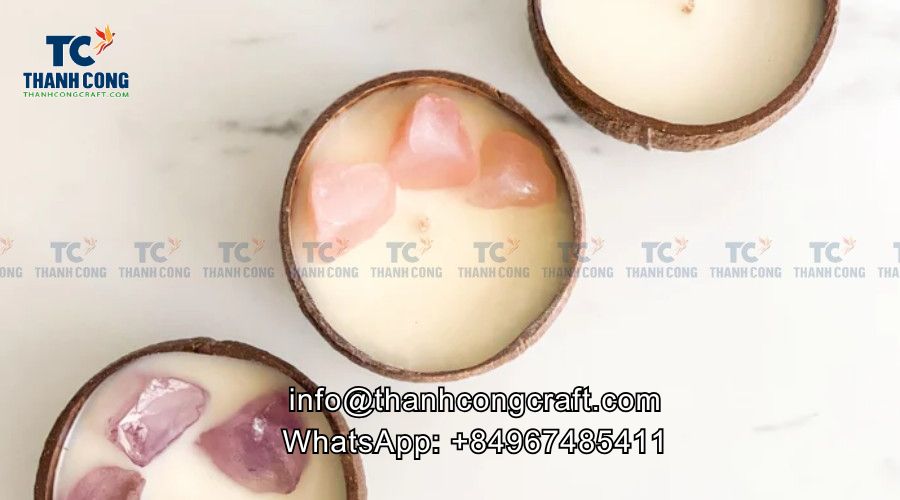 Handmade Coconut candles arranged on a wooden tray for wholesale buyers