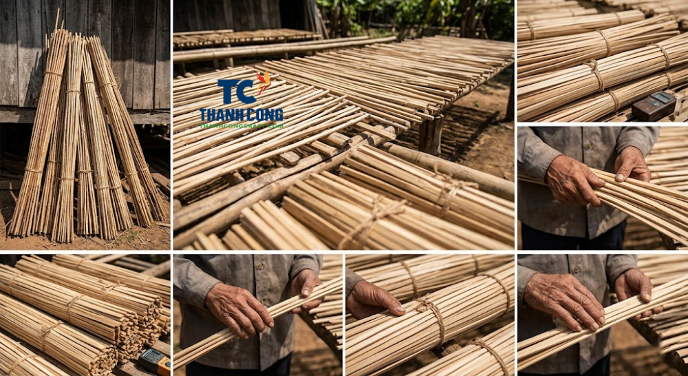 Premium natural Song rattan fibers being sun dried and stabilized for handcrafted round rattan tray production in Vietnam Premium natural Song rattan fibers being sun dried and stabilized for handcrafted round rattan tray production in Vietnam