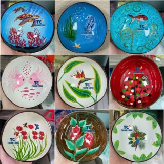 Artisan coconut bowls with traditional Vietnamese scenery for bulk order