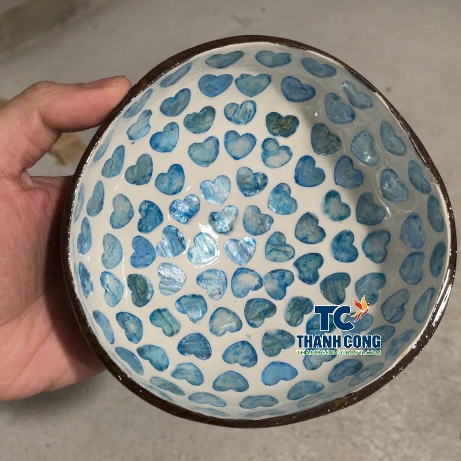 Blue Heart Pattern Coconut Bowl Handmade in Vietnam Factory