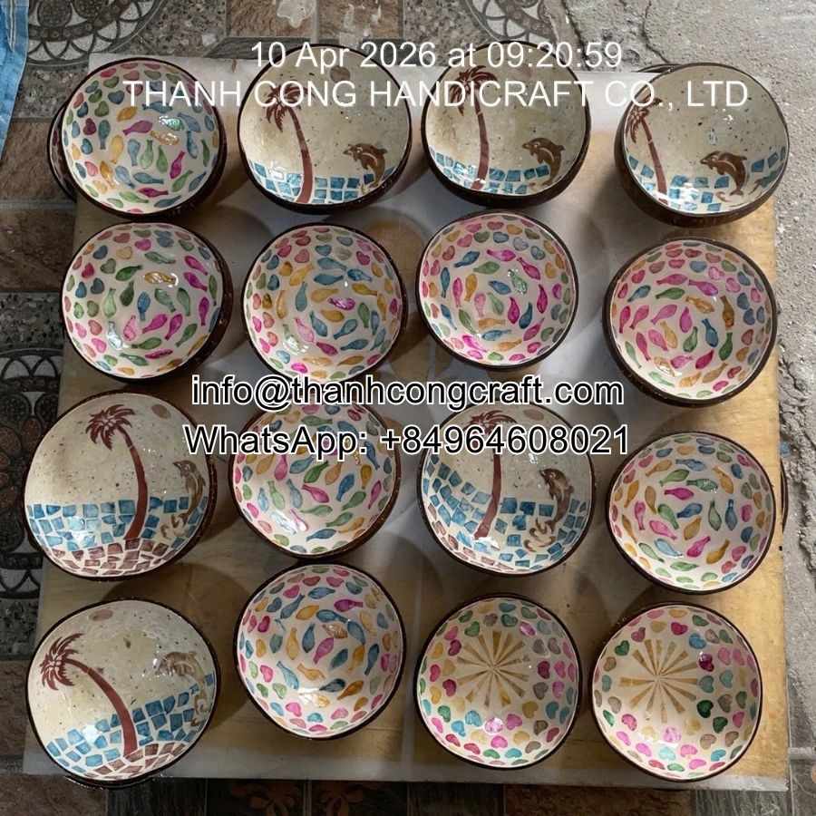 Bulk mother of pearl inlay coconut bowls handcrafted in Vietnam