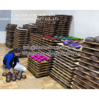 Bulk quantities of finished coconut bowls ready for export packaging