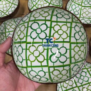 Geometric Green Pattern Coconut Bowl Vietnamese Handmade Crafts