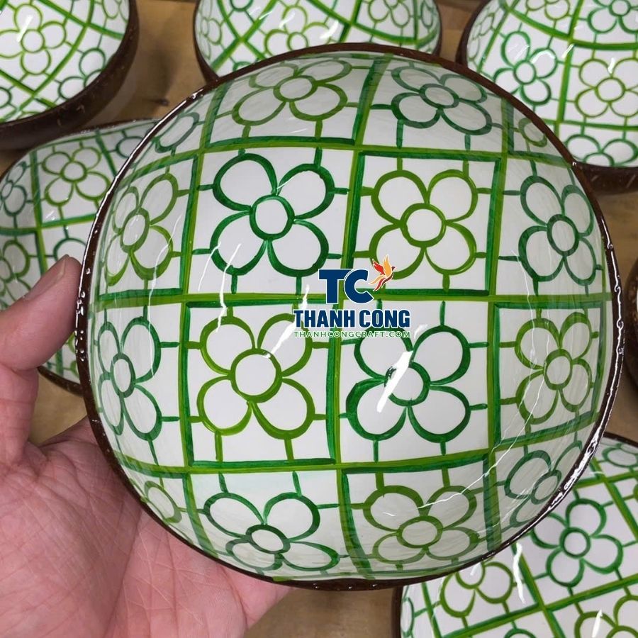 Geometric Green Pattern Coconut Bowl Vietnamese Handmade Crafts