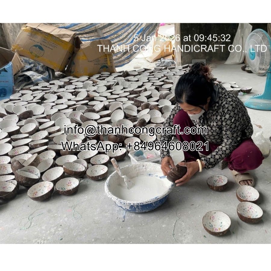 Handcrafting mother of pearl coconut bowls in Vietnam factory