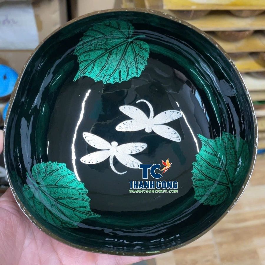 Handmade green dragonfly lacquer coconut bowl, unique artisan craft from Vietnam
