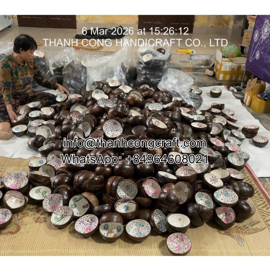 Mass production of handcrafted coconut bowls in Vietnam workshop
