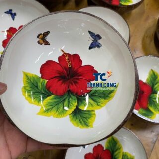 Red Hibiscus Flower Lacquer Coconut Bowl Wholesale Resort Souvenir