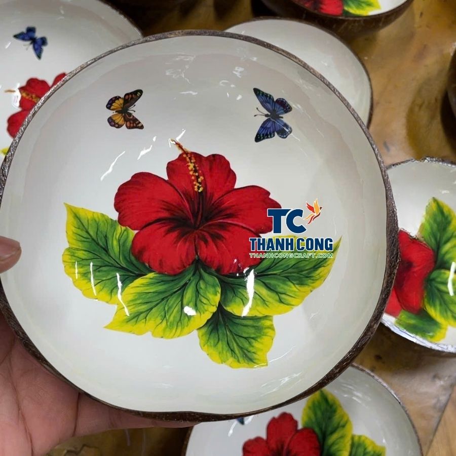 Red Hibiscus Flower Lacquer Coconut Bowl Wholesale Resort Souvenir