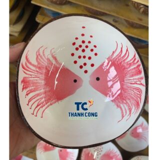 Vietnamese handmade lacquer coconut bowl with red fish design for tourist resorts