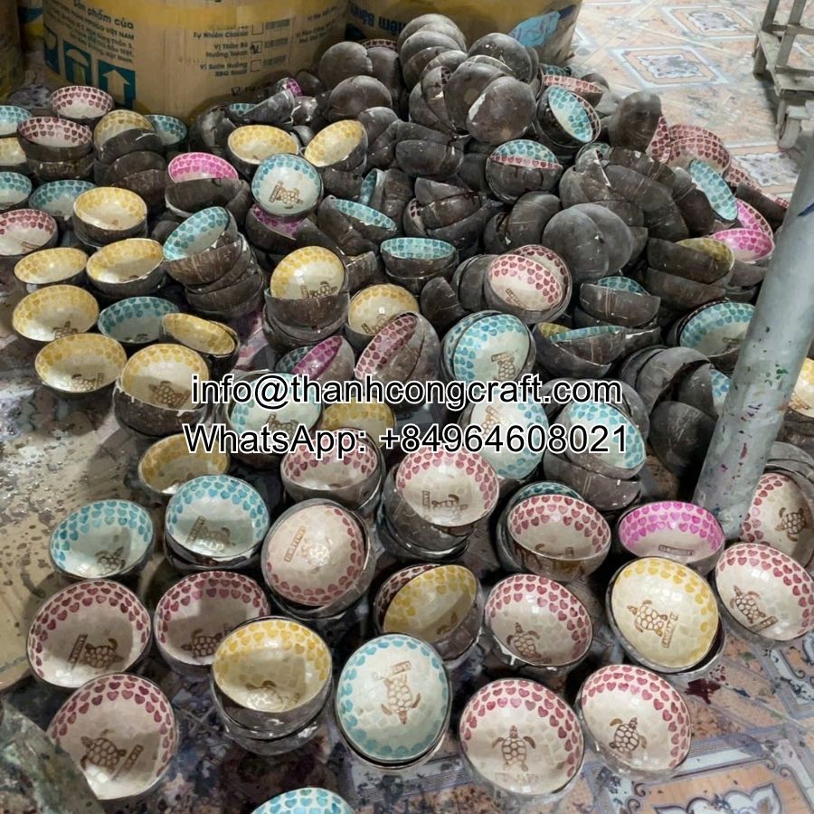 Wholesale colorful patterned coconut bowls handmade in Vietnam