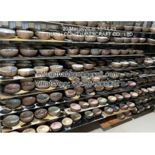 Wholesale display of vibrant handcrafted coconut bowls from Vietnam