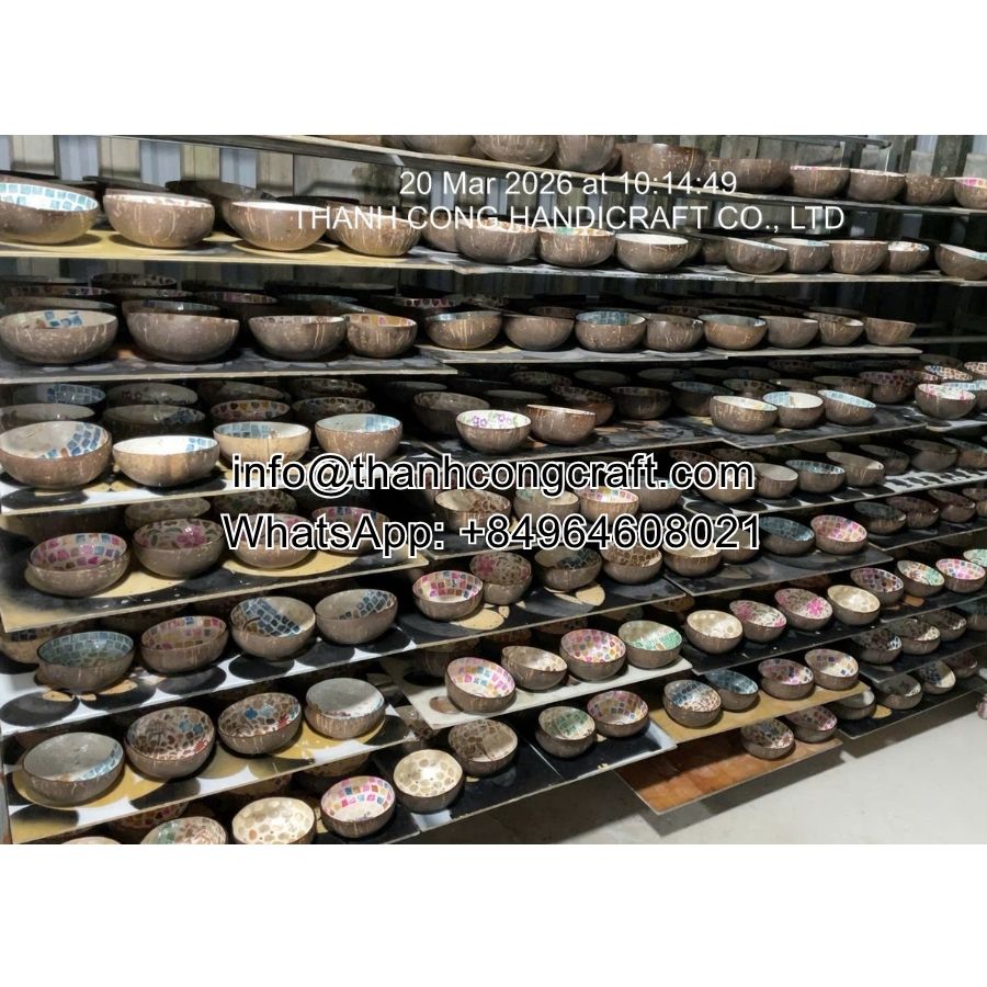 Wholesale display of vibrant handcrafted coconut bowls from Vietnam